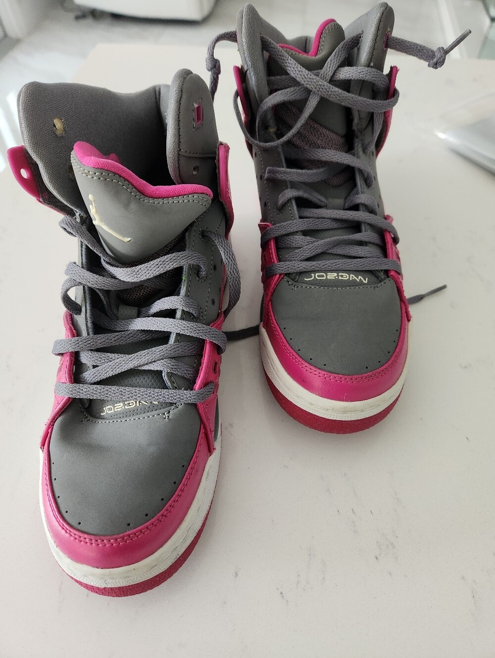Jordan High-Top Sneaker in Gray and Hot Pink